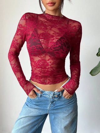 Blusa in pizzo tagliato con maniche lunghe – Sexy, Trasparente &amp; Femminile