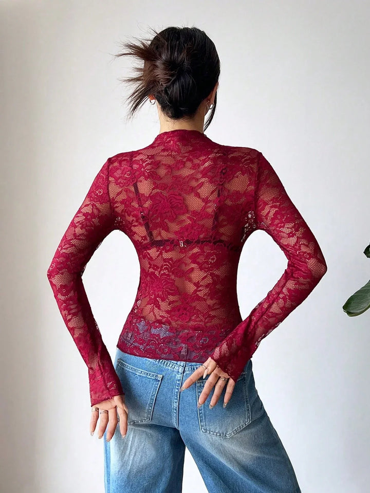Blusa in pizzo tagliato con maniche lunghe – Sexy, Trasparente &amp; Femminile