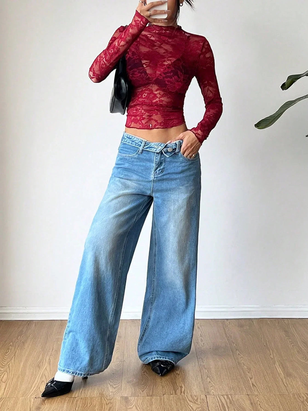 Blusa in pizzo tagliato con maniche lunghe – Sexy, Trasparente &amp; Femminile