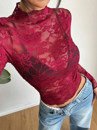 Blusa in pizzo tagliato con maniche lunghe – Sexy, Trasparente &amp; Femminile