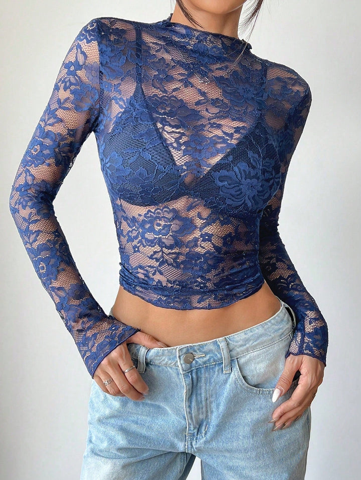 Blusa in pizzo tagliato con maniche lunghe – Sexy, Trasparente &amp; Femminile