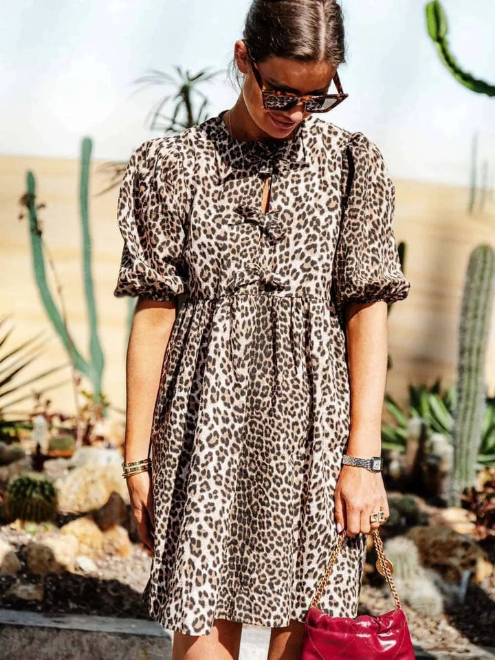 Chiara | Abito Femminile in Stampa Leopardo con Maniche a Palloncino Corte