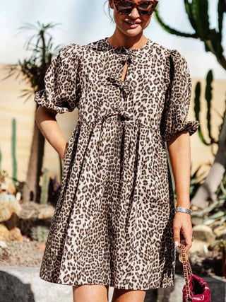 Chiara | Abito Femminile in Stampa Leopardo con Maniche a Palloncino Corte