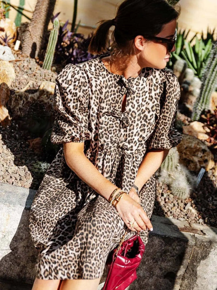 Chiara | Abito Femminile in Stampa Leopardo con Maniche a Palloncino Corte