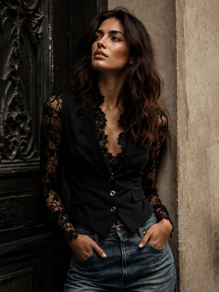 Noémie | Blazer Nero Alto con Maniche Semi-Trasparenti