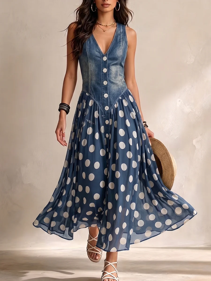 Adeline | Abito Lungo in Denim a Pois