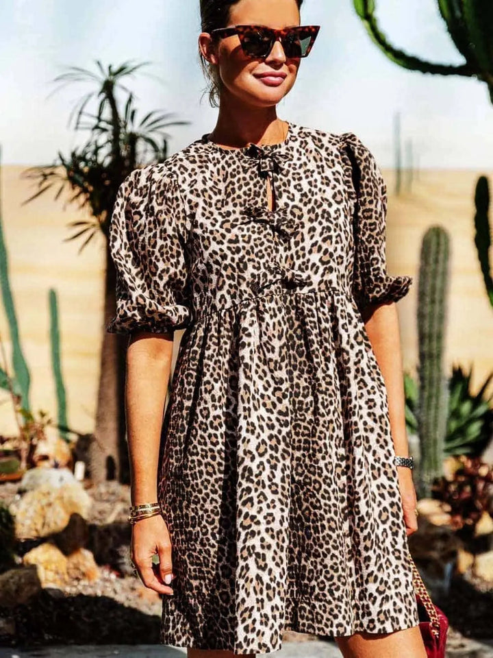 Chiara | Abito Femminile in Stampa Leopardo con Maniche a Palloncino Corte