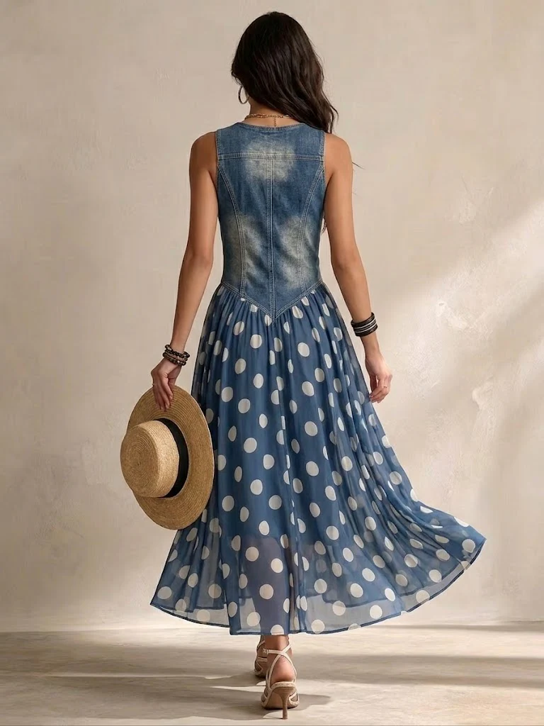 Adeline | Abito Lungo in Denim a Pois