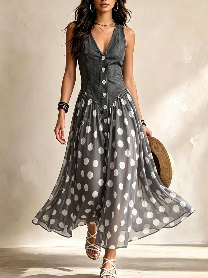 Adeline | Abito Lungo in Denim a Pois
