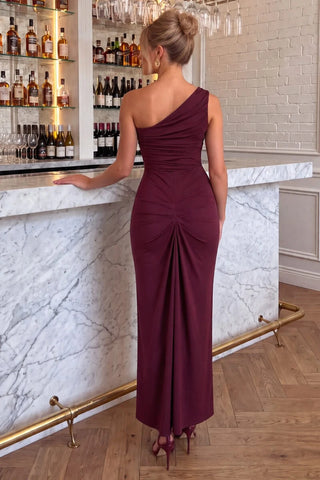 Abito midi teal con spalla unica e nodo