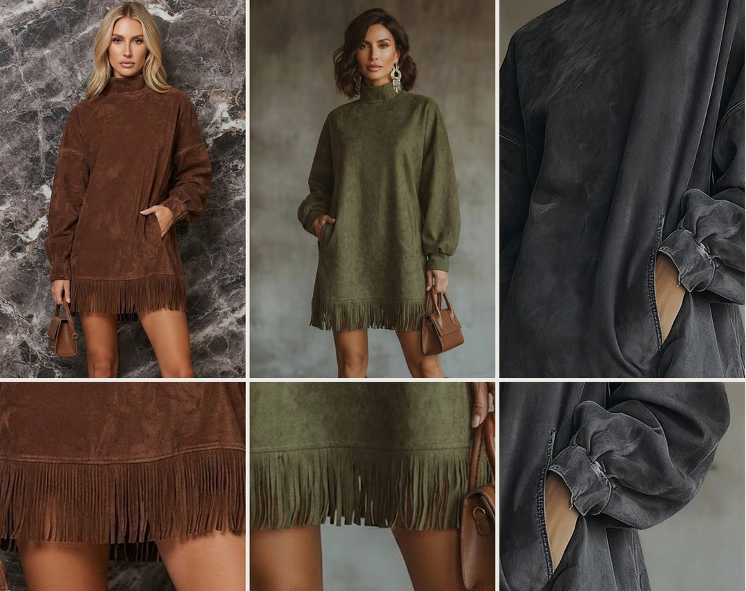 Gabrielle | Abito in suede svedese con colletto alto e frange
