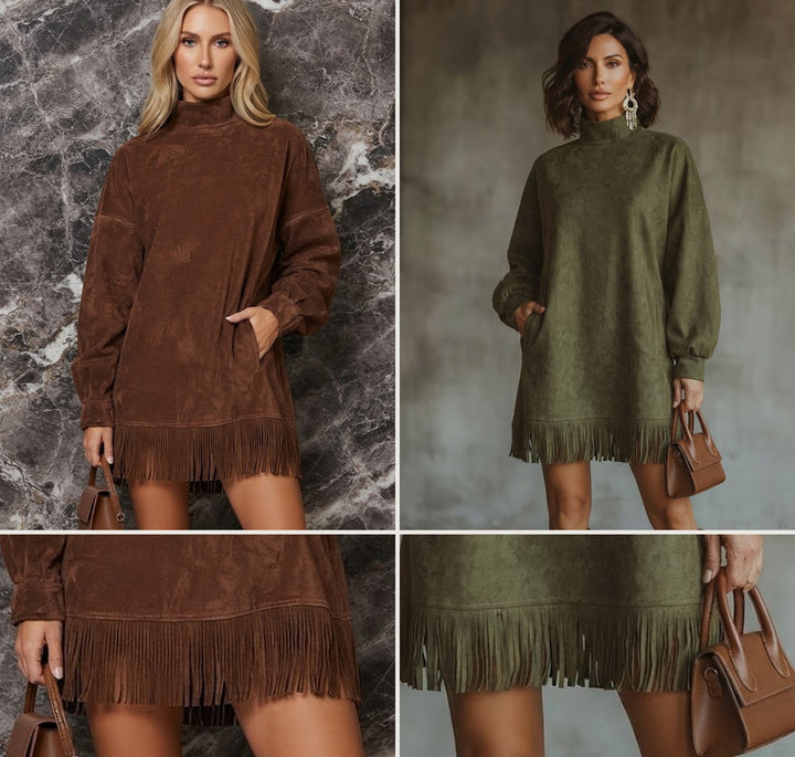 Gabrielle | Abito in suede svedese con colletto alto e frange