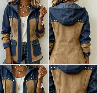 Adriana | Giacca con Cappuccio in Blu Marino e Camel