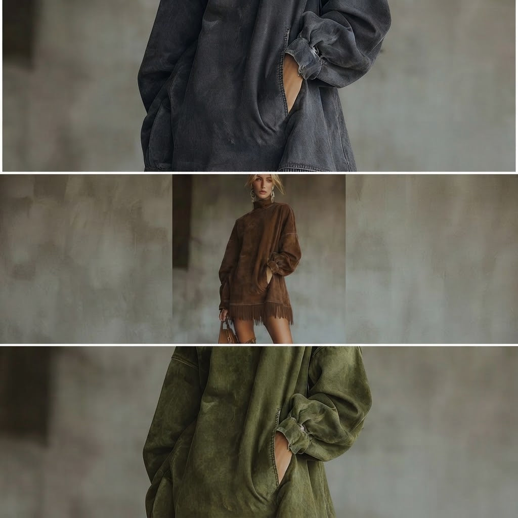 Gabrielle | Abito in suede svedese con colletto alto e frange