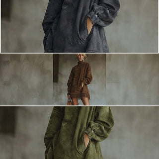 Gabrielle | Abito in suede svedese con colletto alto e frange