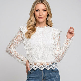 Elegante Blusa in Pizzo con Maniche Lunghe
