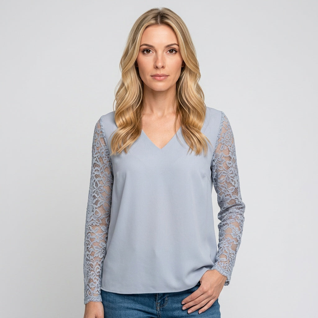 Elegante Blusa con Maniche in Pizzo e Collo a V