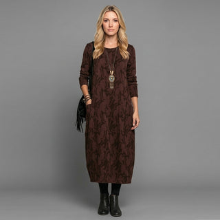 Elegante Maxi Abito con Maniche Lunghe e Stampa