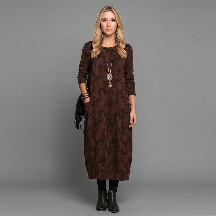 Elegante Maxi Abito con Maniche Lunghe e Stampa