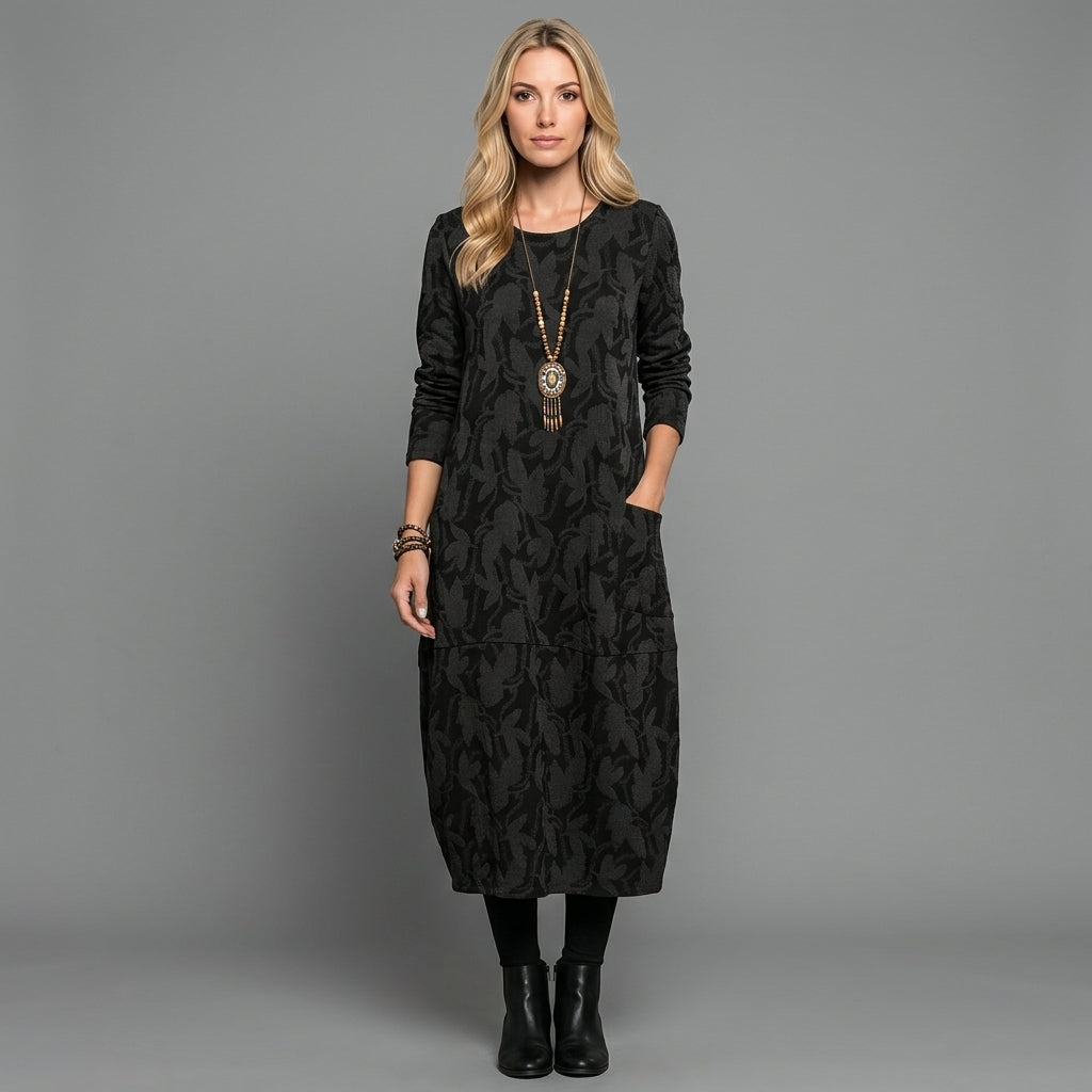 Elegante Maxi Abito con Maniche Lunghe e Stampa