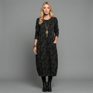 Elegante Maxi Abito con Maniche Lunghe e Stampa