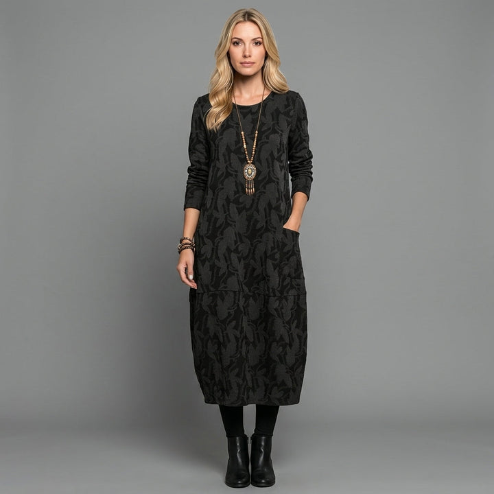 Elegante Maxi Abito con Maniche Lunghe e Stampa