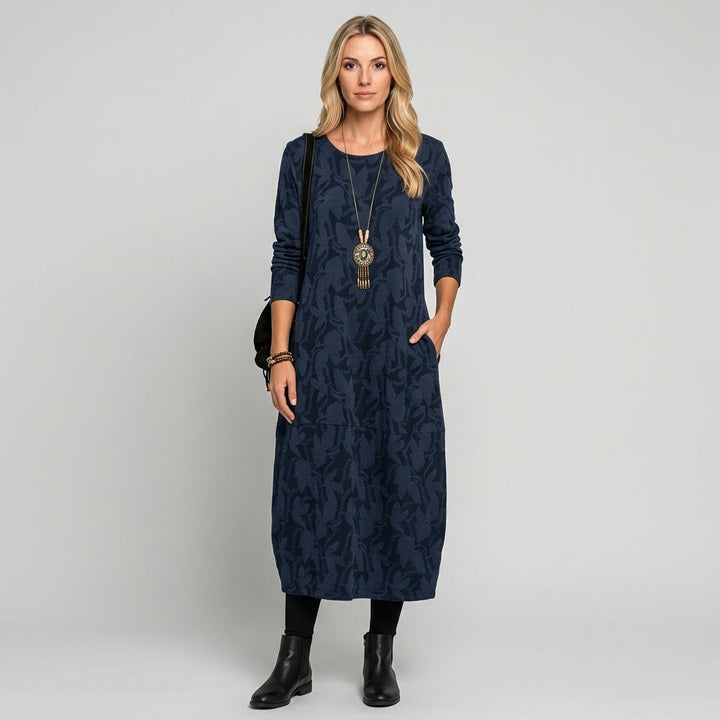 Elegante Maxi Abito con Maniche Lunghe e Stampa