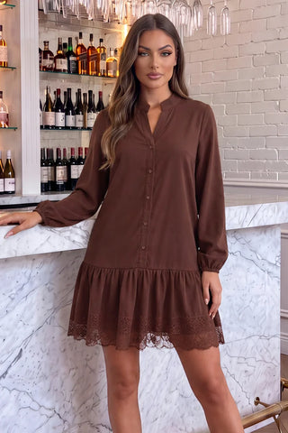 Vestito Camicia Smock con Orlo in Pizzo Nero