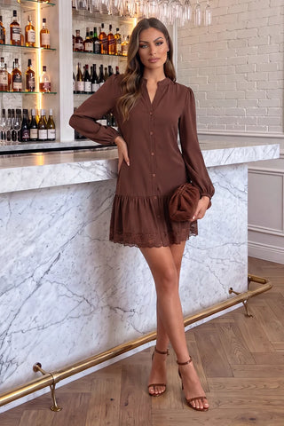 Vestito Camicia Smock con Orlo in Pizzo Nero