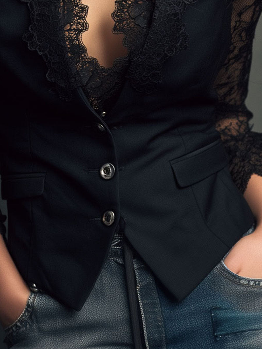 Noémie | Blazer Nero Alto con Maniche Semi-Trasparenti