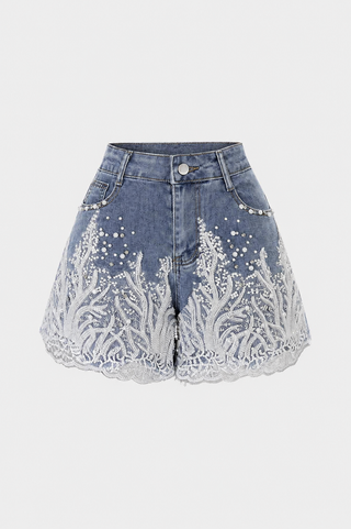 Short in Denim Patchwork con Dettagli in Pizzo